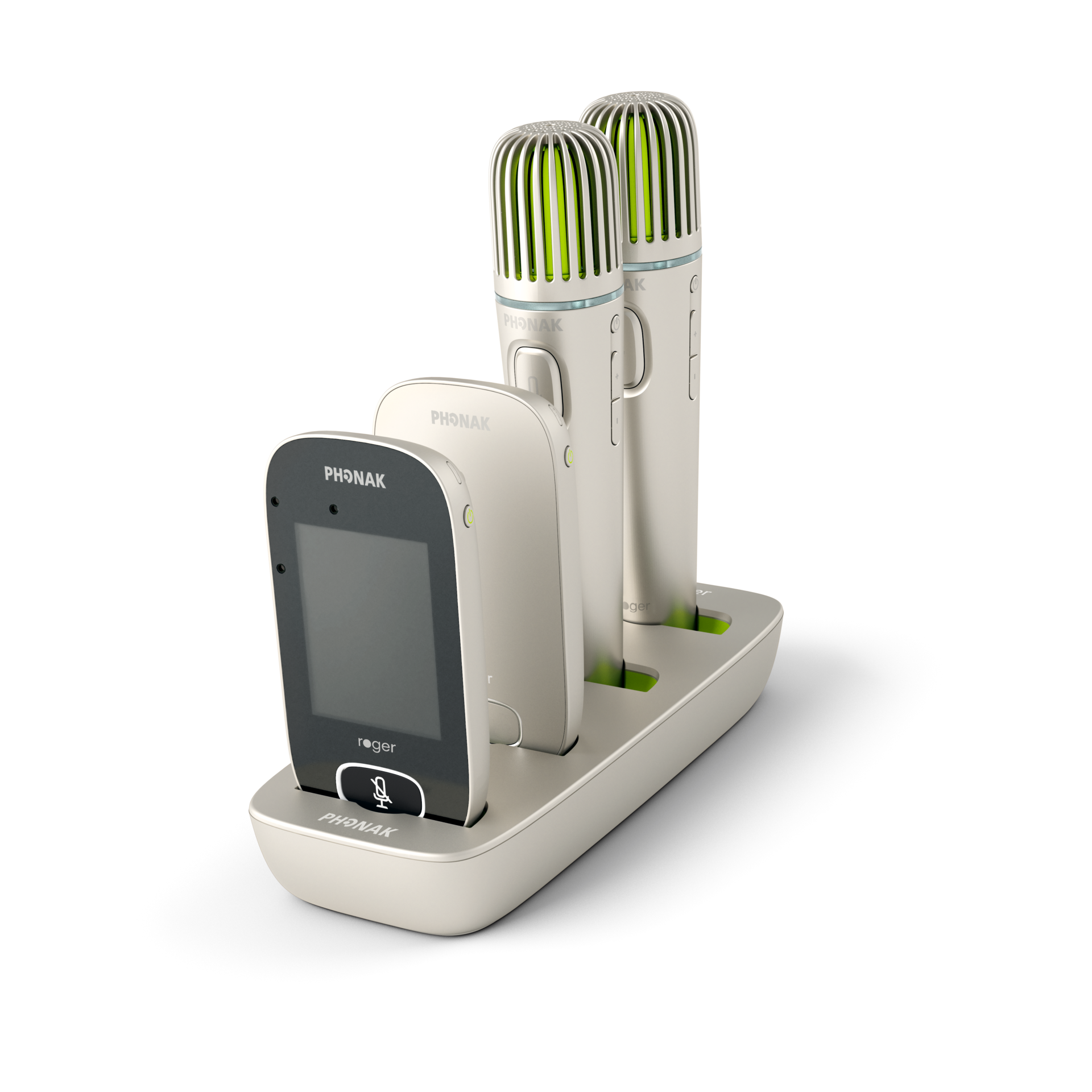 Phonak Roger Charging Rack with four different hearing aid accessories charging. Phonak Roger Charging Rack with four different hearing aid accessories charging.