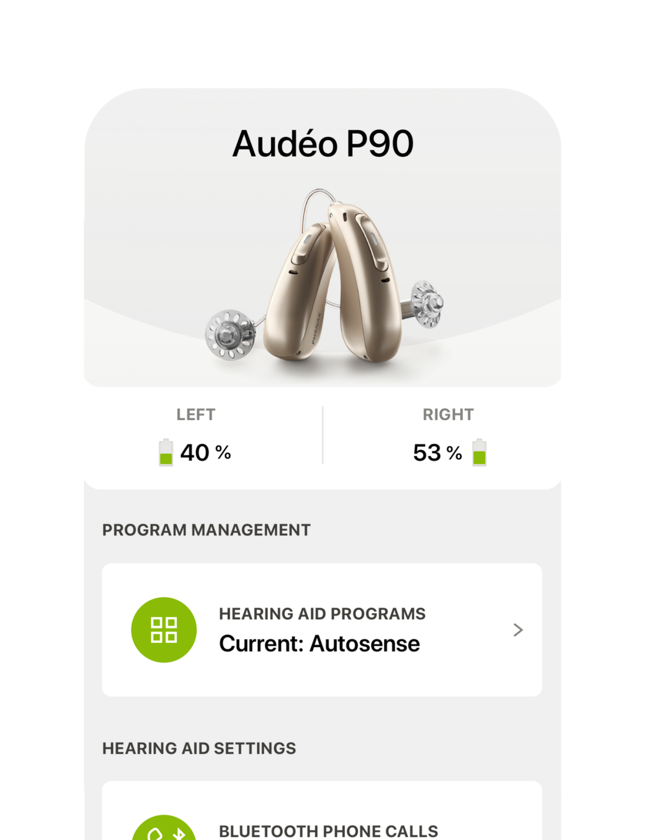 myPhonak hearing aid interface - settings and program management.