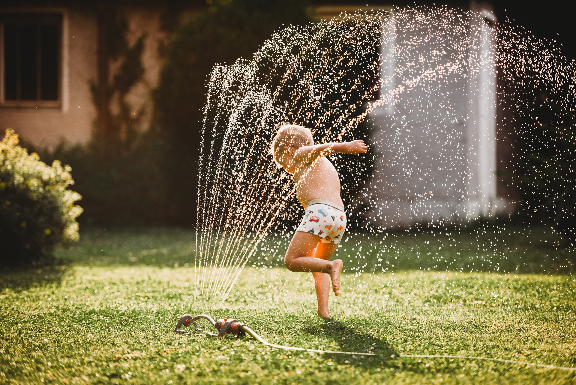 Young boy running under the water from a sprinkler in a garden. Young white boy running under the water from the sprinkler in garden